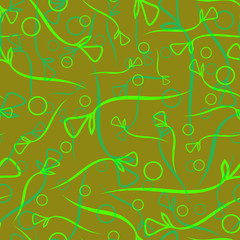 Vector pattern from vegetable green and mint stems and elements on a mustard background in a natural style.