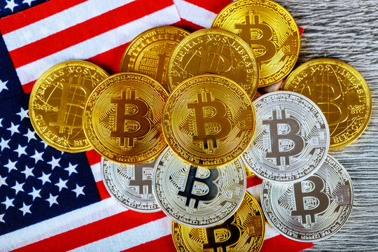 Coin bitcoin on the American flag