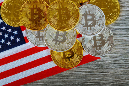 Bitcoin on the Flag of USA. Cryptocurrency on of Flag of United States of America