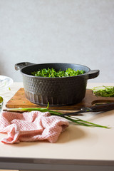 Preparation or cooking of chakapuli in cauldron pan. Ingredients: lamb meat, green tkemali sour plum, onion sprouts, cilantro, tarragon leaves. Georgian traditional stew