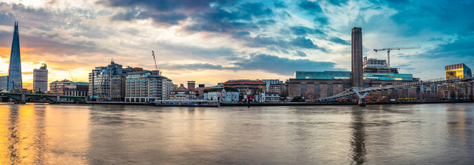 Morning panorama of London bankside including Millenium bridge 