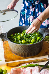 Preparation or cooking of chakapuli in cauldron pan. Ingredients: lamb meat, green tkemali sour plum, onion sprouts, cilantro, tarragon leaves. Georgian traditional stew