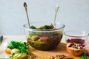Cooked boiled beetroot leaves and sprouts as part of Georgian traditional food meal pkhali. Cooked as appetizer. Vegan vegetarian healthy food.