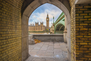 Big Ben famous view from the tunnel in London, England