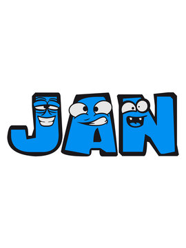 jan vorname m&auml;nnlich kind baby nachwuchs schwanger junge buchstabe name schreiben cartoon comic gesicht lustig lebendig logo cool ABC