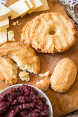 Mchadi - traditional Georgian cornbread traditionally eaten with lobio, suluguni cow cheese and beetroot pkhali appetizer with walnuts and spinach. Vegan vegetarian healthy food for lunch or dinner