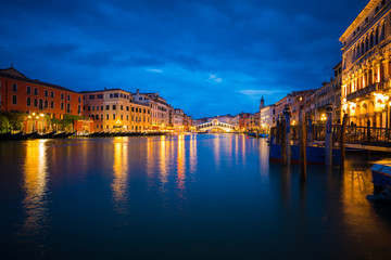 Rialto bridge and Garnd Canal  at dusk in Venice, Italy