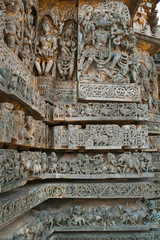 Ornate wall panel reliefs depicting Hindu deities, west side, Hoysaleshwara temple, Halebidu, Karnataka