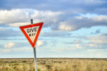Traffic sign of Give Way at Australian plains. Hay, NSW Australia.