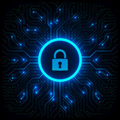 Abstract technology background. Cyber security concept. Closed padlock on digital circuit board vector illustration.