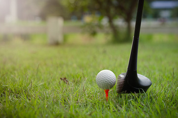 The golf ball and golf club with the warm light of the evening