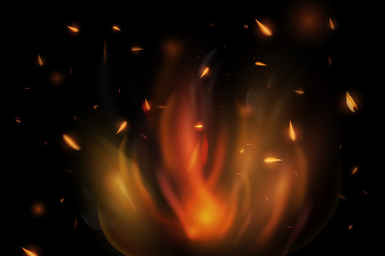 Realistic Burning Match Vector. Realistic colorful image line bon fire flame with horizontal reflection smoke and sparks on black background. Abstract fire background.