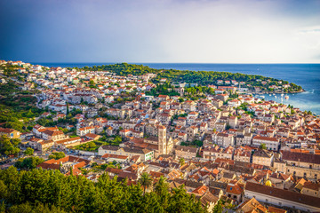 Fototapeta premium Aerial view of Hvar in Croatia - focus on the center 