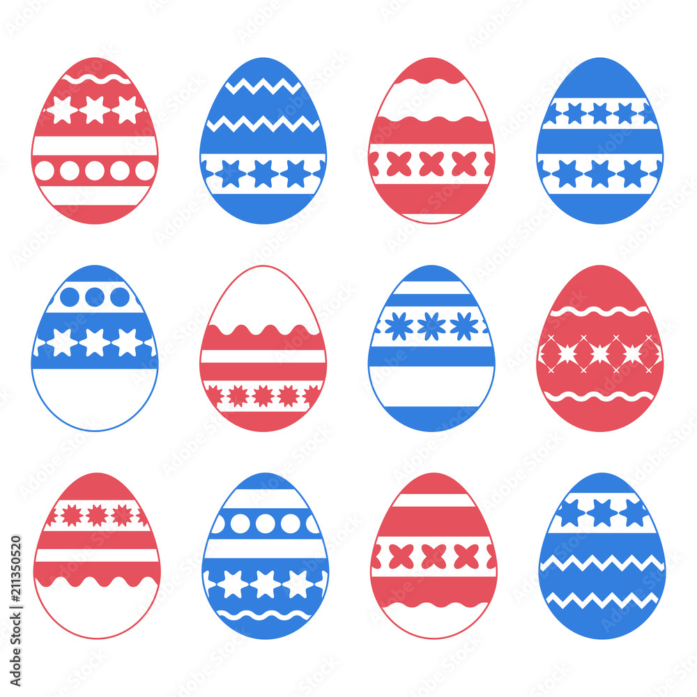 Sticker set of colored isolated easter eggs on a white background. with an abstract pattern. simple flat vec