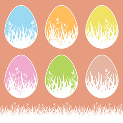 Set of pastel isolated Easter eggs on a white background. With an interesting abstract pattern of grass. With a white stroke. Simple flat vector illustration. Suitable for decoration of postcards