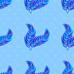 Obraz premium Colorful seamless pattern of abstract leaves on a blue background. Simple flat vector illustration. For the design of paper wallpaper, fabric, wrapping paper, covers, web sites.