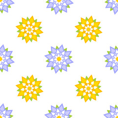 Colorful seamless pattern of abstract flowers on a white background. Simple flat vector illustration. For the design of paper wallpaper, fabric, wrapping paper, covers, web sites.