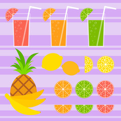 Set of colored isolated mouth-watering fruits. Juicy, bright, delicious tropical food. Lime, lemon, grapefruit, orange, bananas, pineapple, cocktails with straws. Simple flat vector illustration.