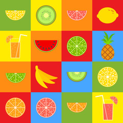 Set of colored isolated appetizing fruit on the squares. Juicy, bright, delicious tropical food. Simple flat vector illustration. Suitable for design of packages, postcards, advertising.