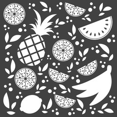 Set of white silhouettes of isolated apetitic fruits on a black background. Juicy, delicious tropical food. Simple flat vector illustration. Suitable for design of packages, postcards, advertising.