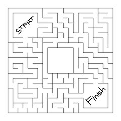 Abstract square isolated labyrinth. Black color on a white background. An interesting and useful game for children and adults. Simple flat vector illustration. With a place for your drawings