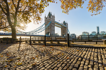 Tower bridge with autumn leaves and sun flare, London