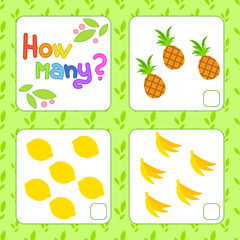 Game for preschool children. Count as many fruits in the picture and write down the result. Pineapple, lemon, banana. With a place for answers. Simple flat isolated vector illustration.