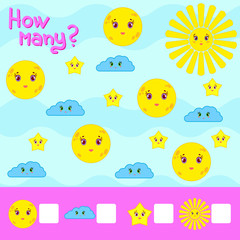 Counting game for preschool children for the development of mathematical abilities. How many items in the picture With a place for answers. Simple flat isolated vector illustration.