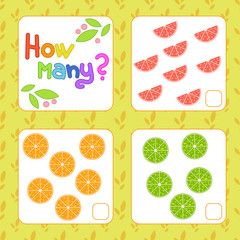 Game for preschool children. Count as many fruits in the picture and write down the result. Grapefruit, orange, lime. With a place for answers. Simple flat isolated vector illustration.