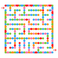 Abstract square light isolated labyrinth. Of colored bright circles and ovals on a white background. An interesting and useful game for children and adults. Simple flat vector illustration.