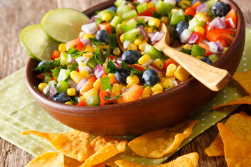 Salsa from corn, blueberries, jalapeno pepper, bell pepper and onions in a large bowl and nachos chips. horizontal