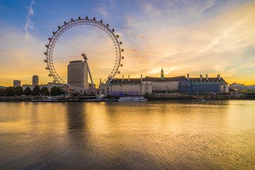 Southbank of river Thames in London at sunrise 