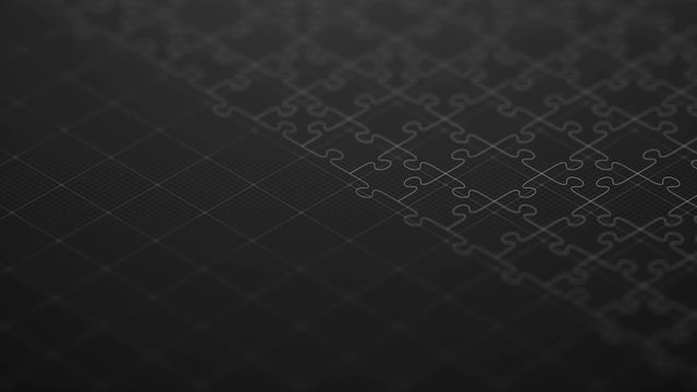 Abstract 3D isometric virtual line Jigsaw puzzle assemble moving white color with square mesh pattern illustration on black gradients background, seamless looping animation 4K with copy space