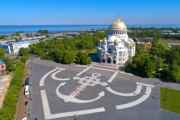 Anchor Square and the St. Nicholas Naval Cathedral on a sunny June morning. Kronstadt, St. Petersburg (aerial photography)