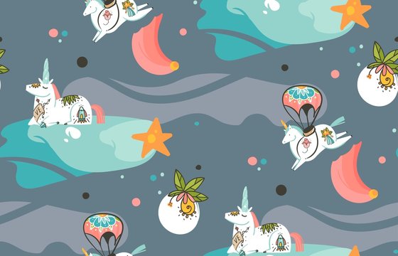 Hand drawn vector abstract graphic creative cartoon illustrations seamless pattern with cosmonaut unicorns with old school tattoo,comets and planets in cosmos isolated on dark background © anastasy_helter