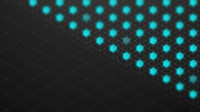 Abstract 3D isometric virtual wireframe cube box and blue core with square mesh pattern illustration, Blockchain technology concept design on black background, seamless looping animation 4K