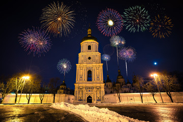 Firework display near St. Sophia's Cathedral in Kiev, Ukraine