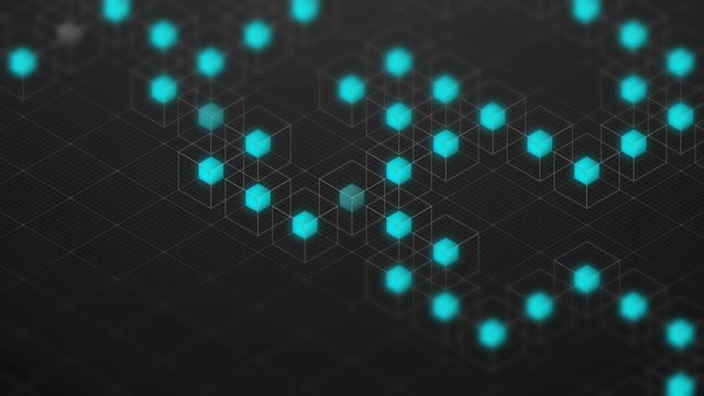 Abstract 3D isometric virtual wireframe cube box and blue core with square mesh pattern illustration, Blockchain technology concept design on black background, seamless looping animation 4K