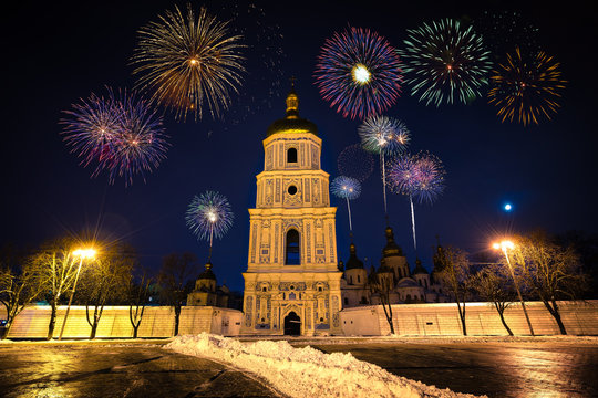 Firework display near St. Sophia's Cathedral in Kiev, Ukraine