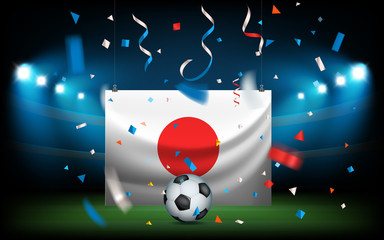 Football stadium with the ball and the flag. Japan wins