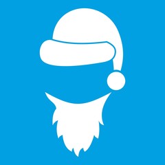 Cap with pompon of Santa Claus and beard icon white isolated on blue background vector illustration