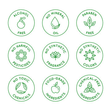 Vector set of linear circle design elements, logo templates, icons and badges for natural organic cosmetics with safe eco ingredients