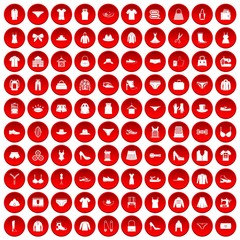 100 sewing icons set in red circle isolated on white vector illustration