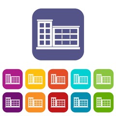 Industrial factory building icons set vector illustration in flat style in colors red, blue, green, and other