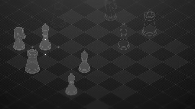 3D isometric virtual transparency chess with square mesh pattern chessboard, Business technology strategy concept design on black background, seamless looping animation 4K with copy space
