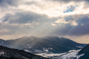 stormy winter sky over rural area in mountains near spruce forest