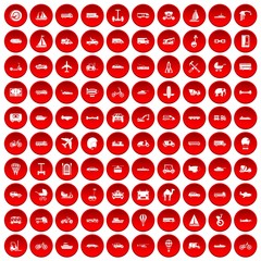 100 transport icons set in red circle isolated on white vector illustration