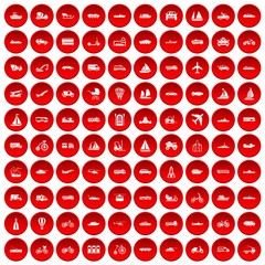 100 transportation icons set in red circle isolated on white vector illustration