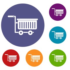 Large plastic supermarket cart icons set in flat circle red, blue and green color for web