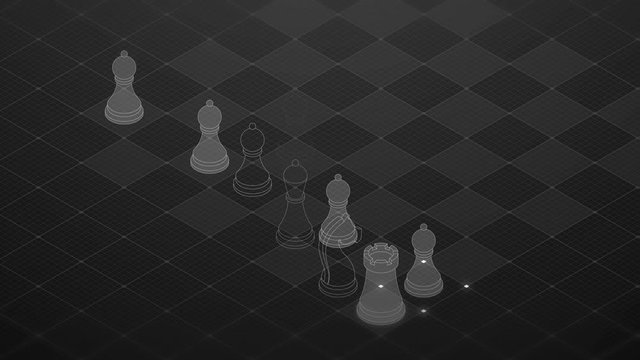 3D isometric virtual transparency chess with square mesh pattern chessboard, Business technology strategy concept design on black background, seamless looping animation 4K with copy space